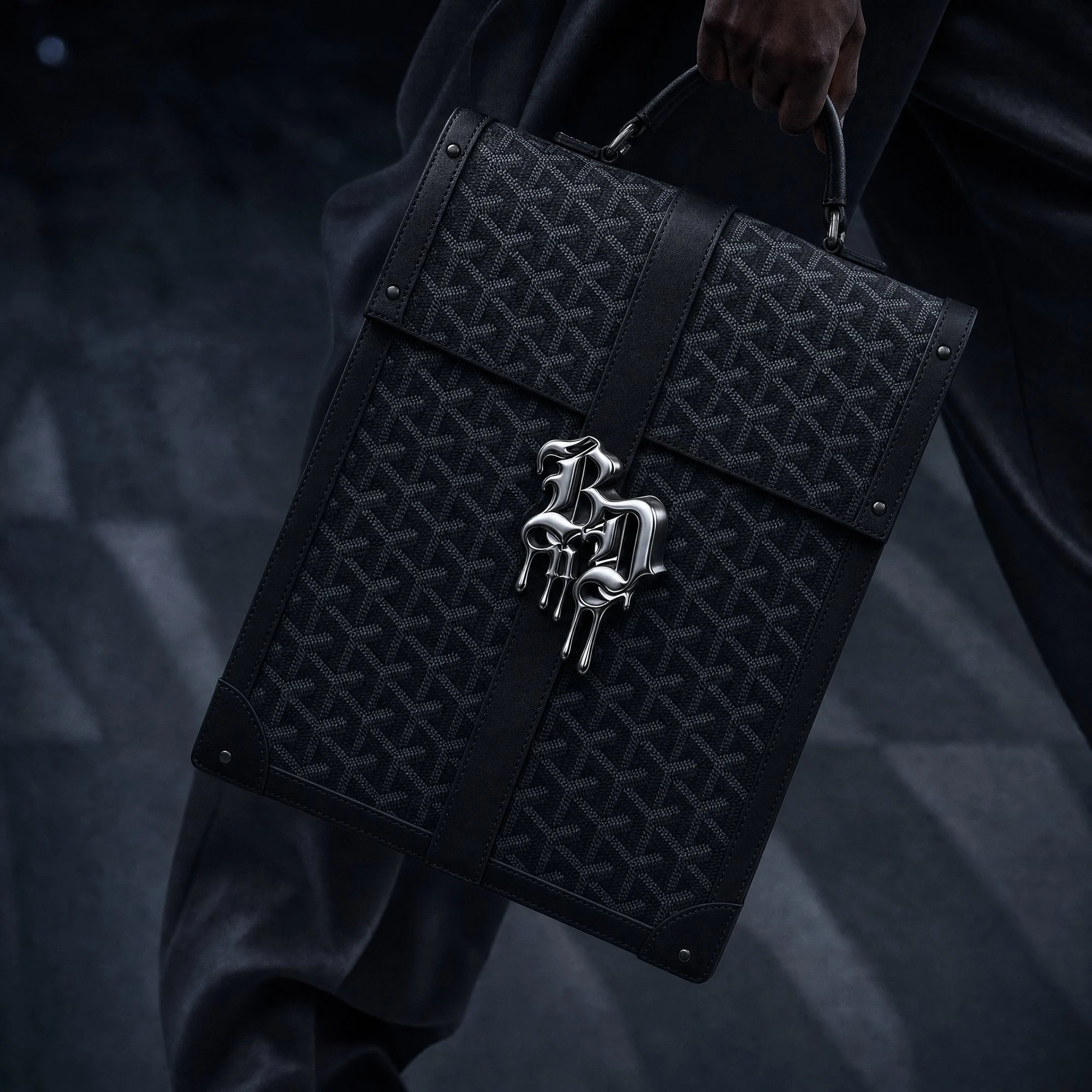 Black monogram case with a molten chrome BONDED clasp