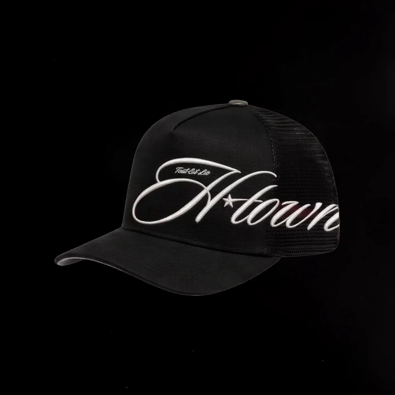 H-Town trucker cap, light travelling across the embroidery