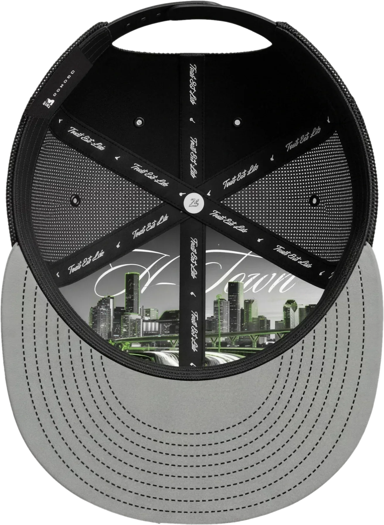 Inside the crown, Houston skyline printed on the undervisor