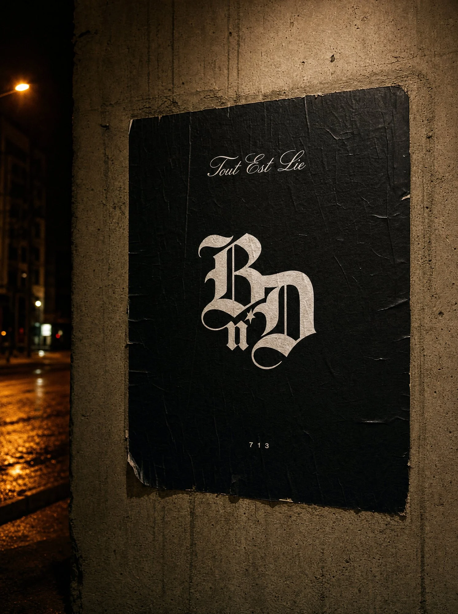 BONDED poster pasted on a concrete pillar at night